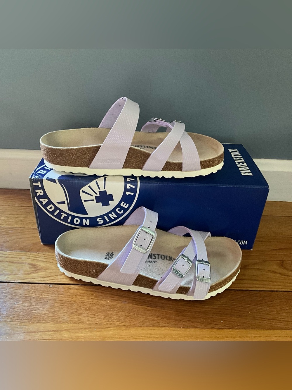 Birkenstock Franca Shiny Lizard Purple Fog Sandals - Picture 3 of 5